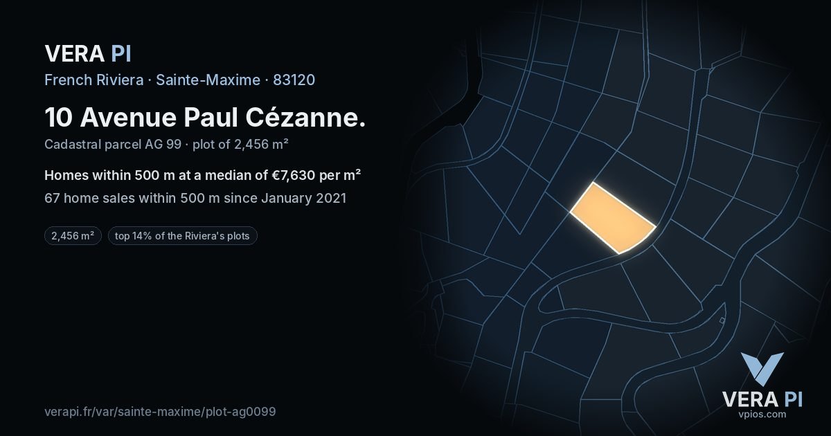 10 Avenue Paul Cézanne, Sainte-Maxime at night – the plot lit, the parcels around coloured by the prices near them