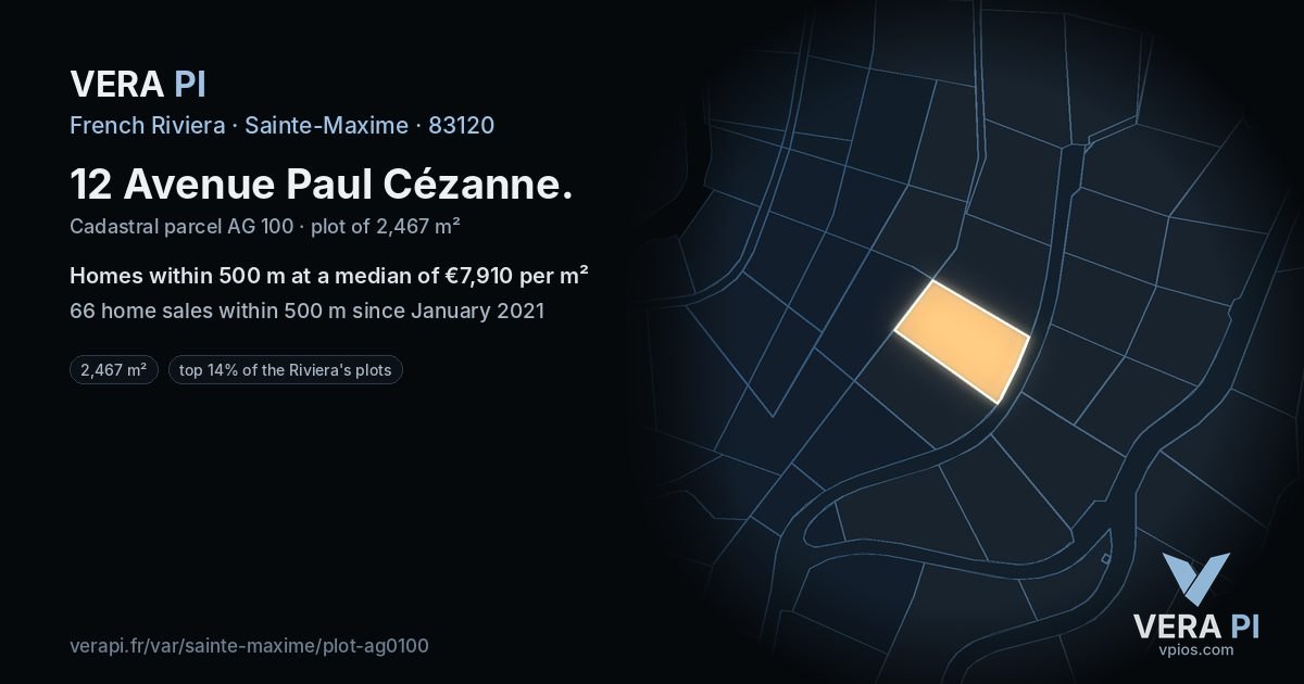 12 Avenue Paul Cézanne, Sainte-Maxime at night – the plot lit, the parcels around coloured by the prices near them