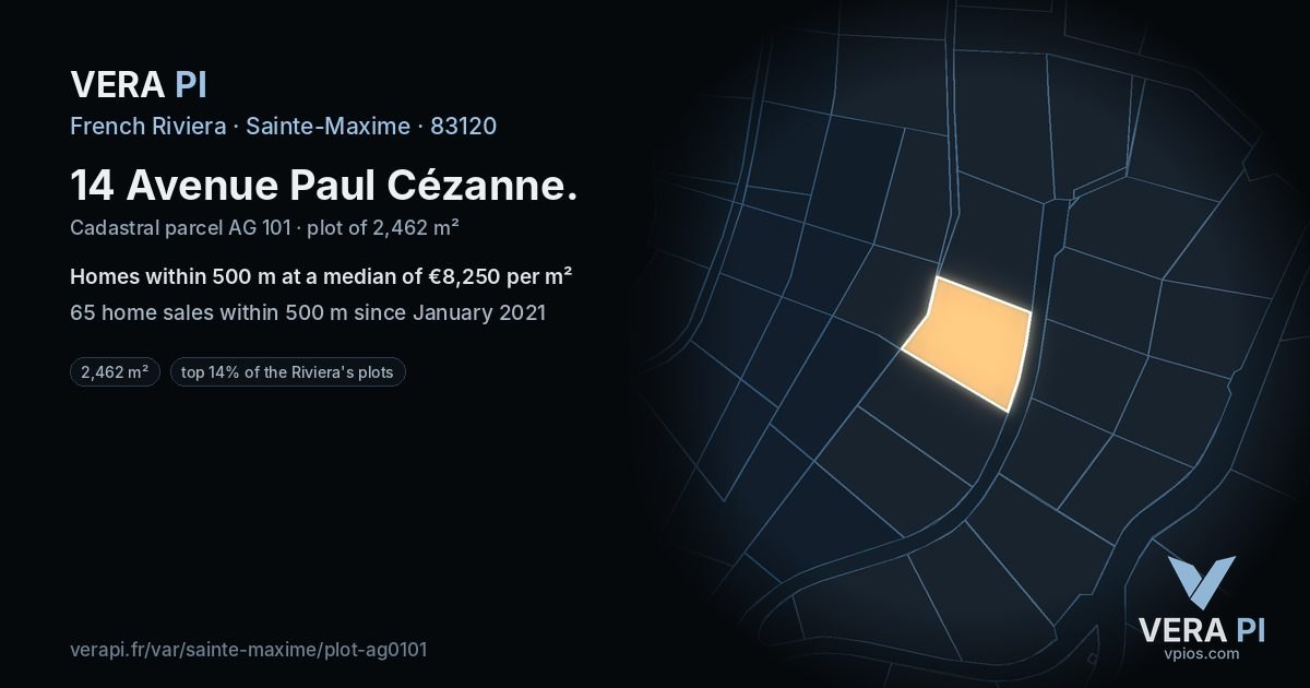 14 Avenue Paul Cézanne, Sainte-Maxime at night – the plot lit, the parcels around coloured by the prices near them