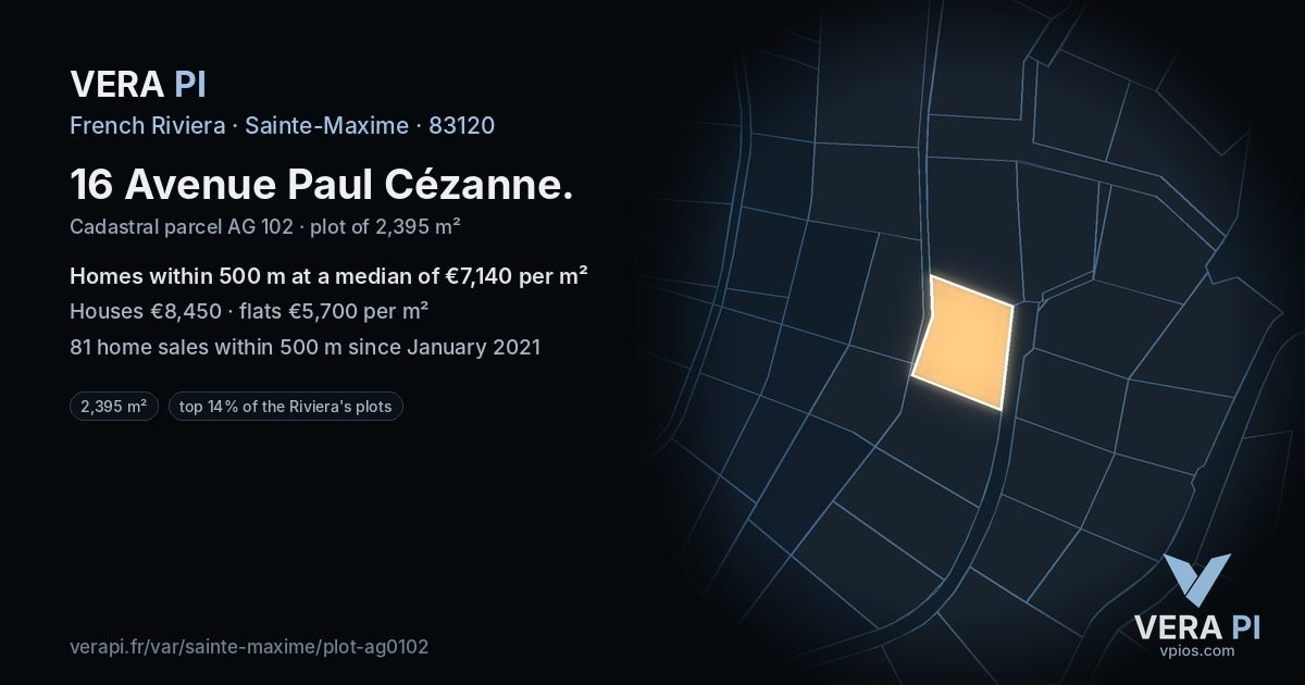 16 Avenue Paul Cézanne, Sainte-Maxime at night – the plot lit, the parcels around coloured by the prices near them