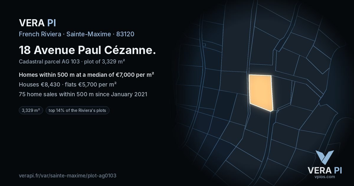 18 Avenue Paul Cézanne, Sainte-Maxime at night – the plot lit, the parcels around coloured by the prices near them