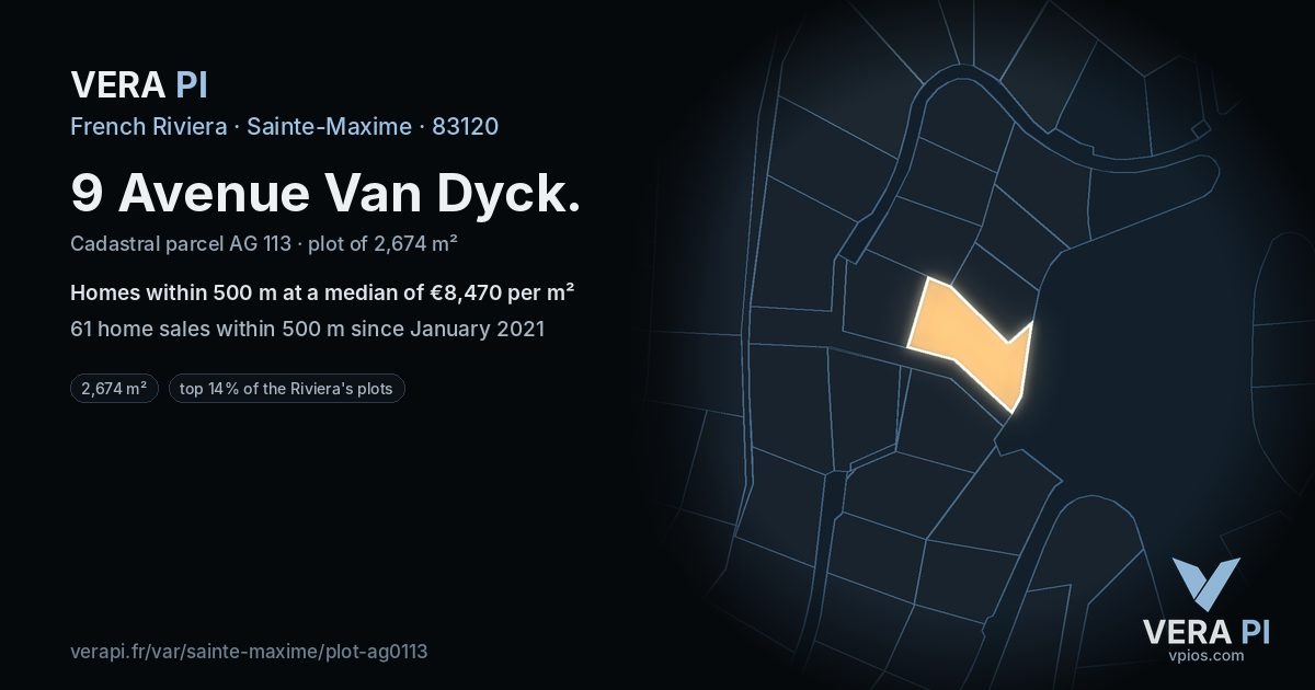 9 Avenue Van Dyck, Sainte-Maxime at night – the plot lit, the parcels around coloured by the prices near them