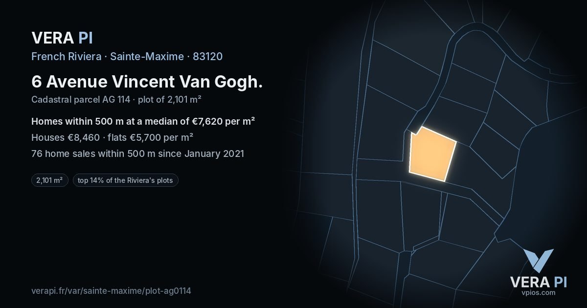 6 Avenue Vincent Van Gogh, Sainte-Maxime at night – the plot lit, the parcels around coloured by the prices near them