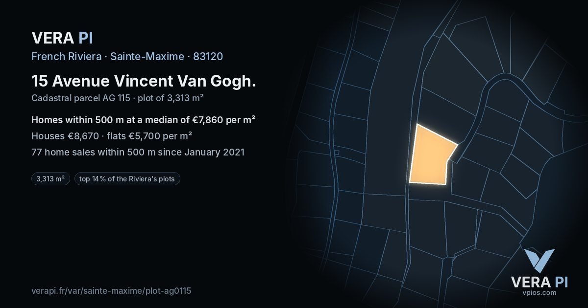 15 Avenue Vincent Van Gogh, Sainte-Maxime at night – the plot lit, the parcels around coloured by the prices near them