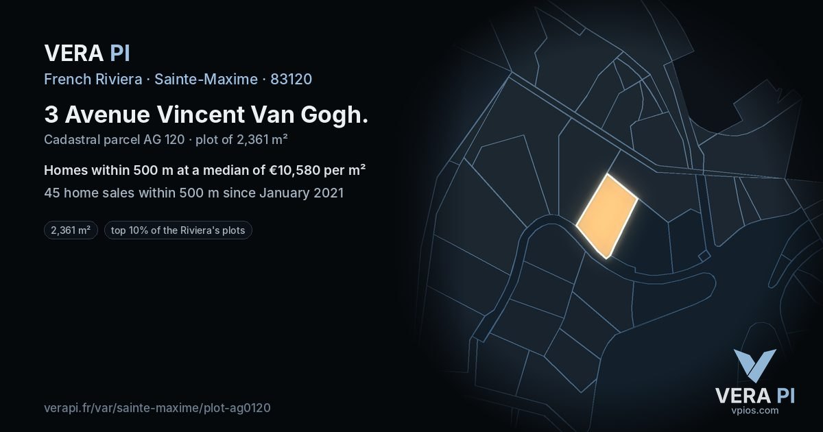 3 Avenue Vincent Van Gogh, Sainte-Maxime at night – the plot lit, the parcels around coloured by the prices near them