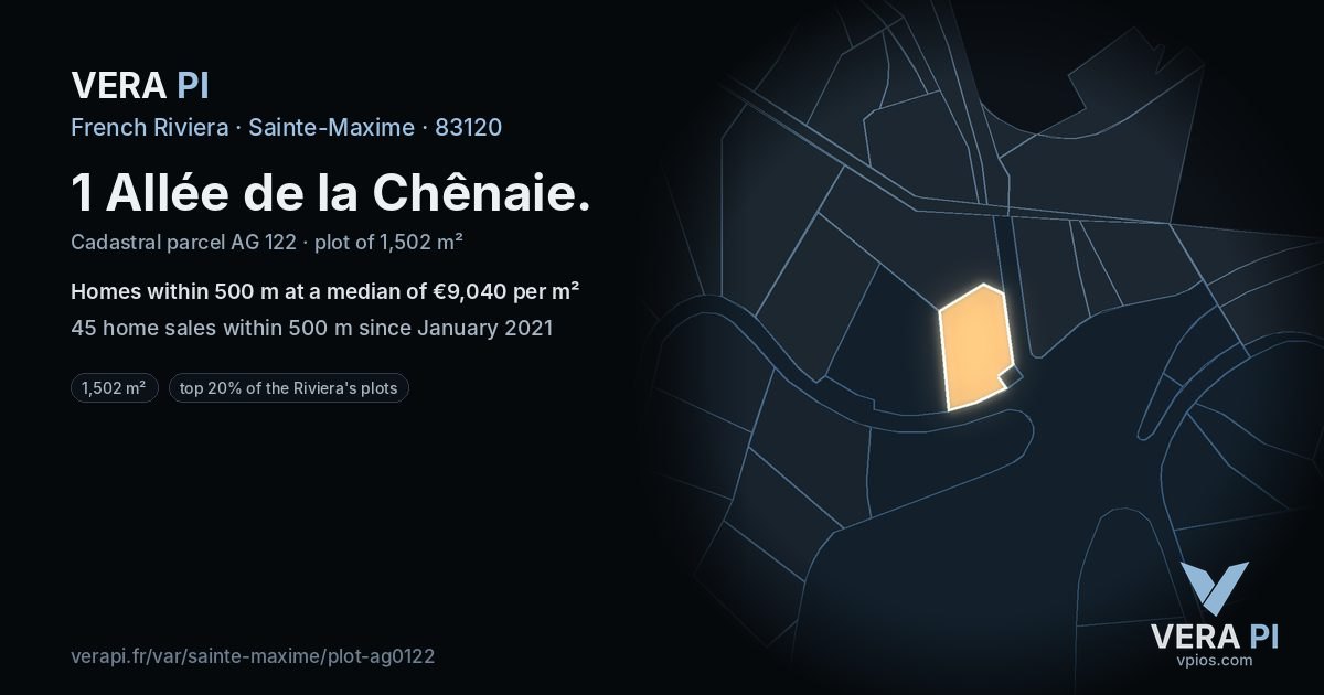 1 Allée de la Chênaie, Sainte-Maxime at night – the plot lit, the parcels around coloured by the prices near them
