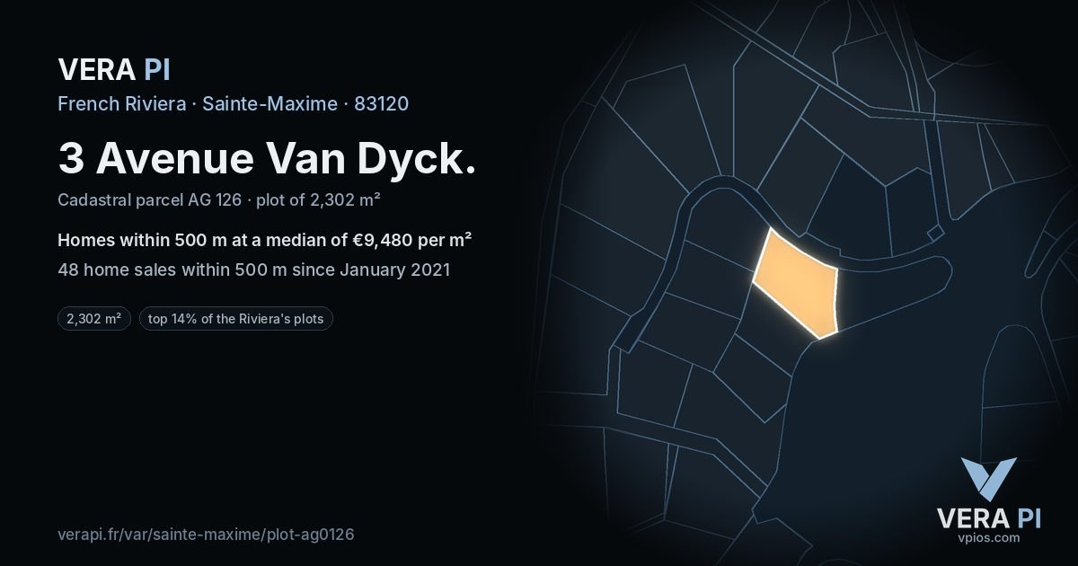 3 Avenue Van Dyck, Sainte-Maxime at night – the plot lit, the parcels around coloured by the prices near them
