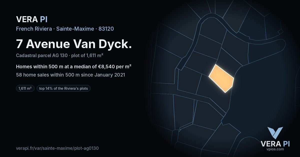 7 Avenue Van Dyck, Sainte-Maxime at night – the plot lit, the parcels around coloured by the prices near them