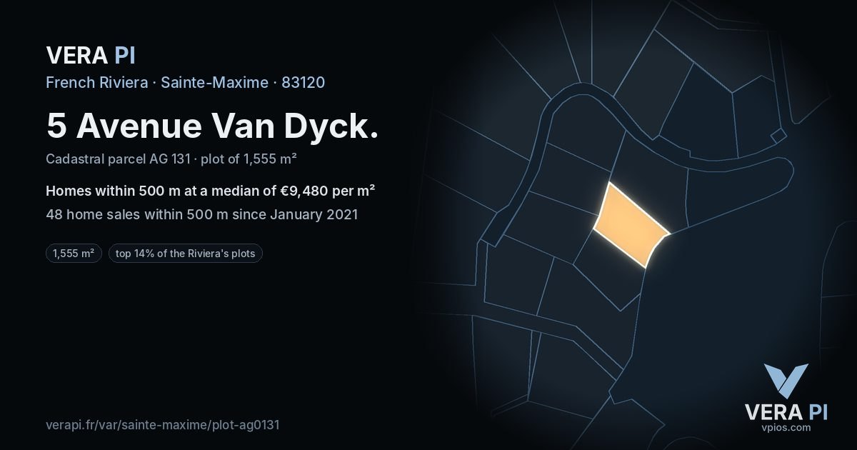 5 Avenue Van Dyck, Sainte-Maxime at night – the plot lit, the parcels around coloured by the prices near them