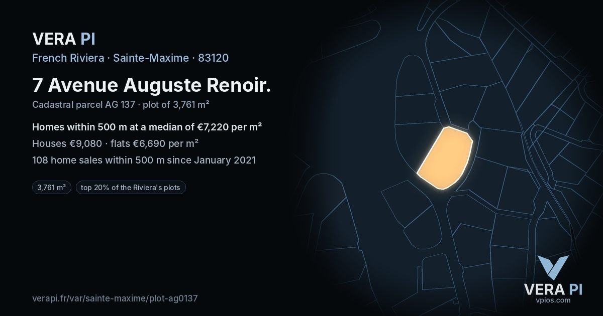 7 Avenue Auguste Renoir, Sainte-Maxime at night – the plot lit, the parcels around coloured by the prices near them