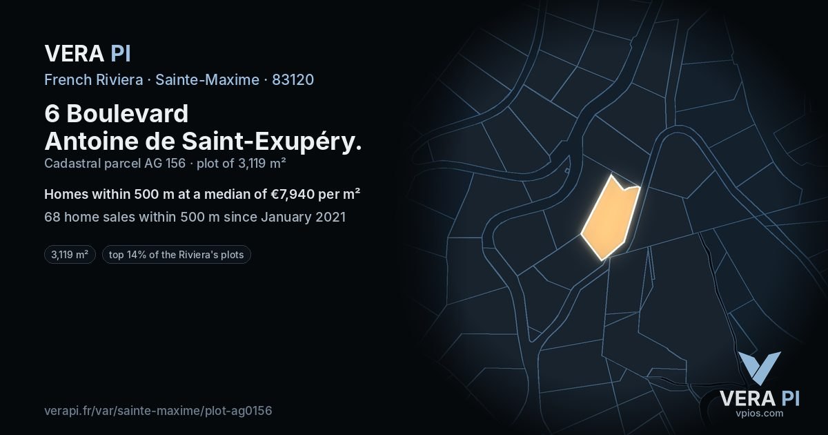 6 Boulevard Antoine de Saint-Exupéry, Sainte-Maxime at night – the plot lit, the parcels around coloured by the prices near them
