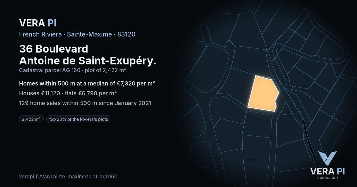 36 Boulevard Antoine de Saint-Exupéry, Sainte-Maxime at night – the plot lit, the parcels around coloured by the prices near them
