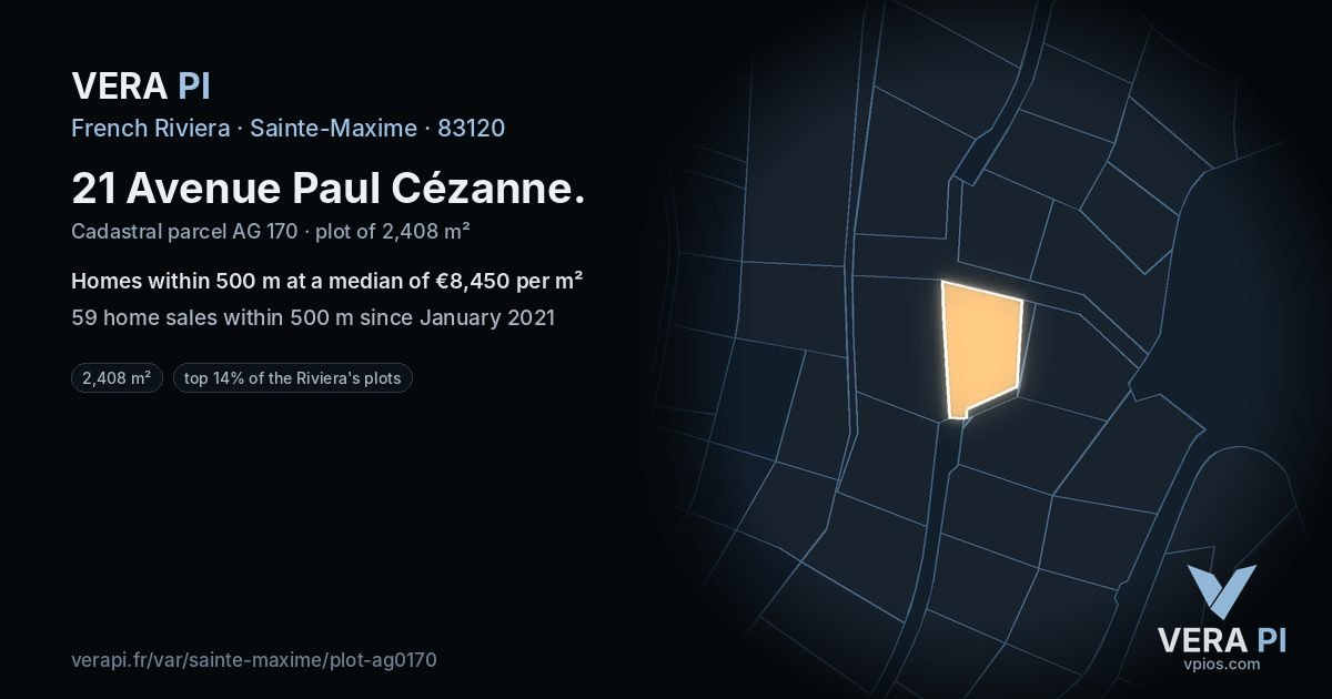 21 Avenue Paul Cézanne, Sainte-Maxime at night – the plot lit, the parcels around coloured by the prices near them