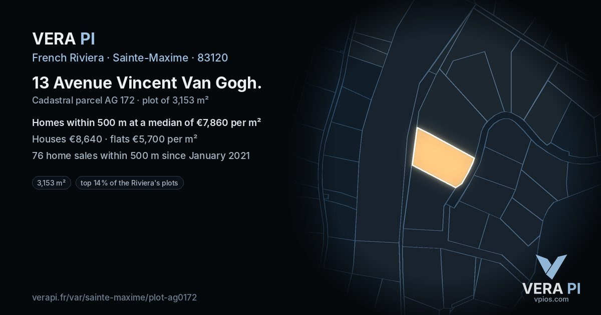 13 Avenue Vincent Van Gogh, Sainte-Maxime at night – the plot lit, the parcels around coloured by the prices near them