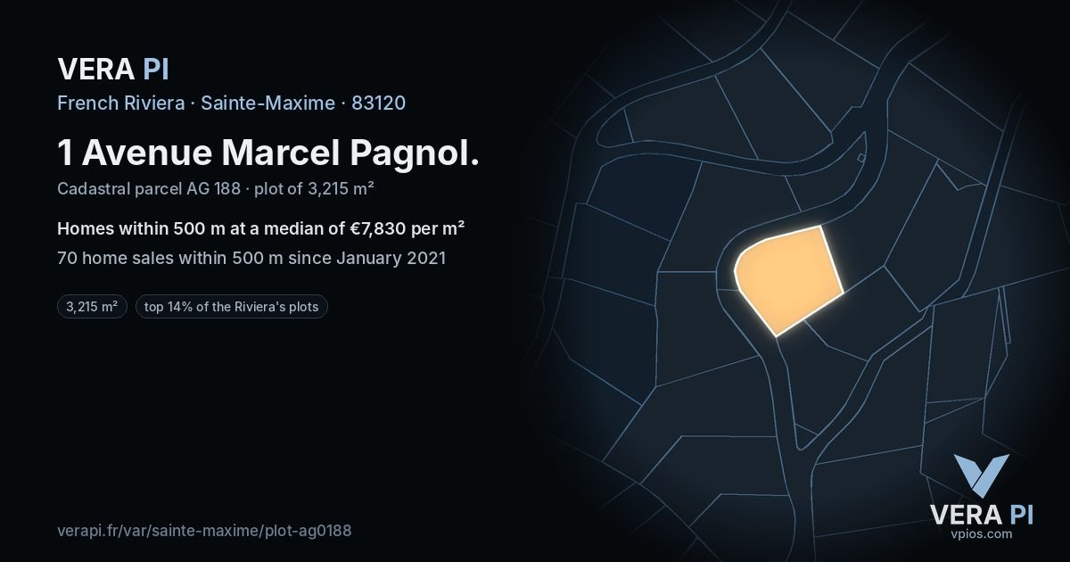 1 Avenue Marcel Pagnol, Sainte-Maxime at night – the plot lit, the parcels around coloured by the prices near them