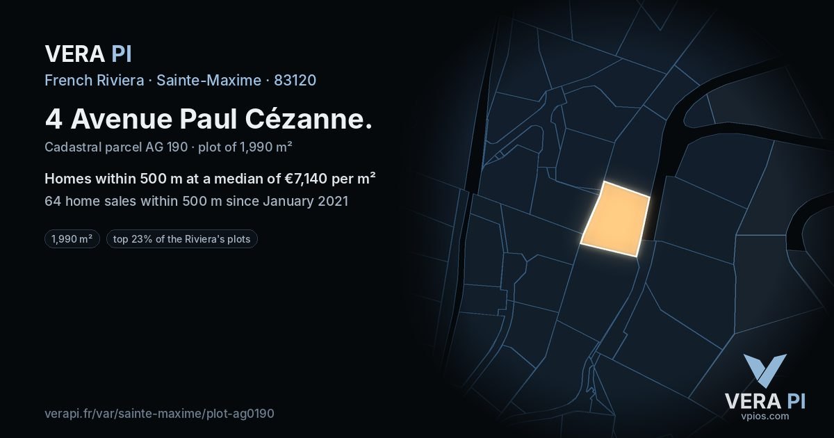 4 Avenue Paul Cézanne, Sainte-Maxime at night – the plot lit, the parcels around coloured by the prices near them