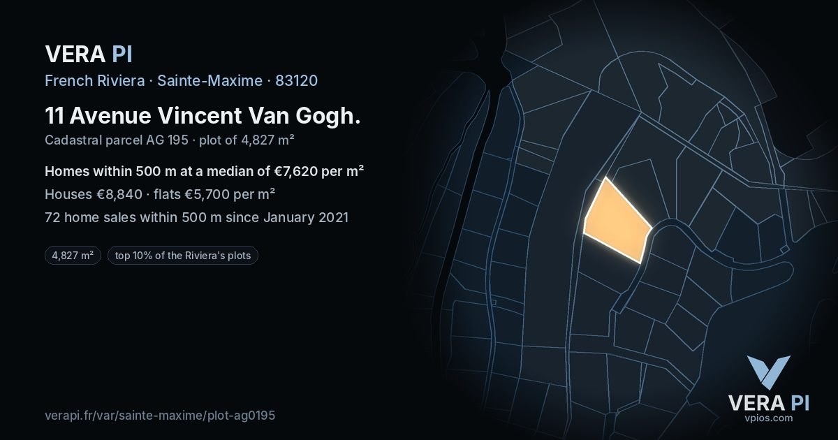 11 Avenue Vincent Van Gogh, Sainte-Maxime at night – the plot lit, the parcels around coloured by the prices near them