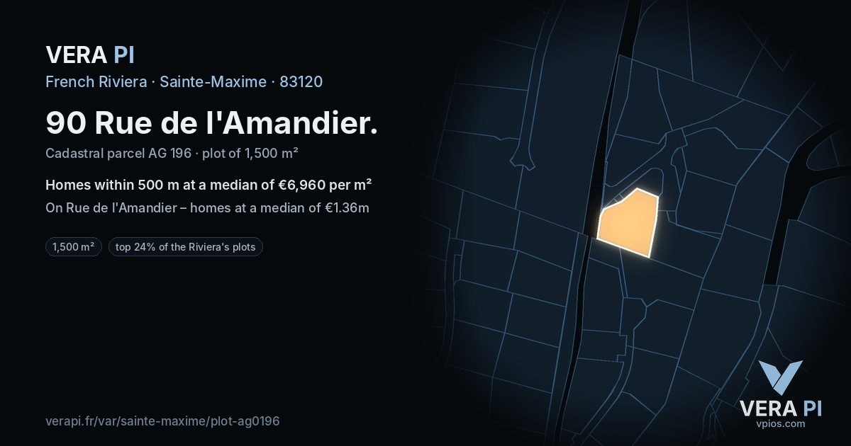 90 Rue de l'Amandier, Sainte-Maxime at night – the plot lit, the parcels around coloured by the prices near them