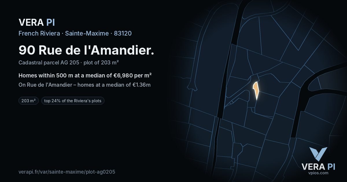 90 Rue de l'Amandier, Sainte-Maxime at night – the plot lit, the parcels around coloured by the prices near them