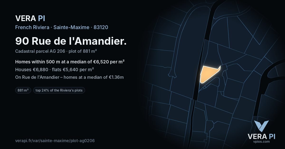 90 Rue de l'Amandier, Sainte-Maxime at night – the plot lit, the parcels around coloured by the prices near them