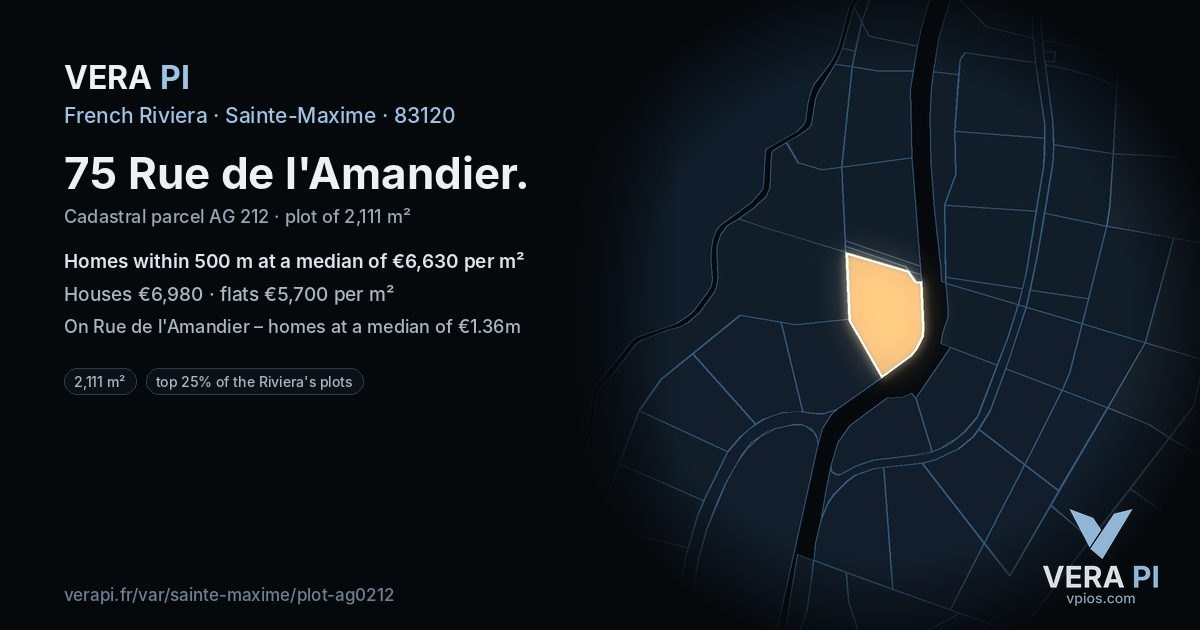 75 Rue de l'Amandier, Sainte-Maxime at night – the plot lit, the parcels around coloured by the prices near them