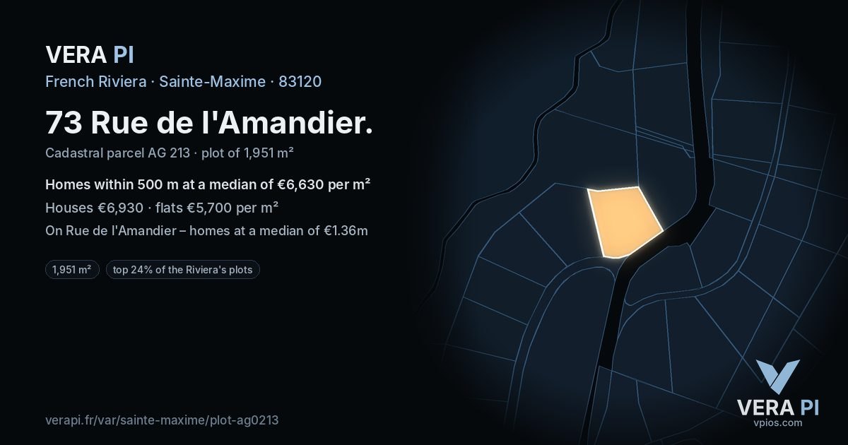 73 Rue de l'Amandier, Sainte-Maxime at night – the plot lit, the parcels around coloured by the prices near them
