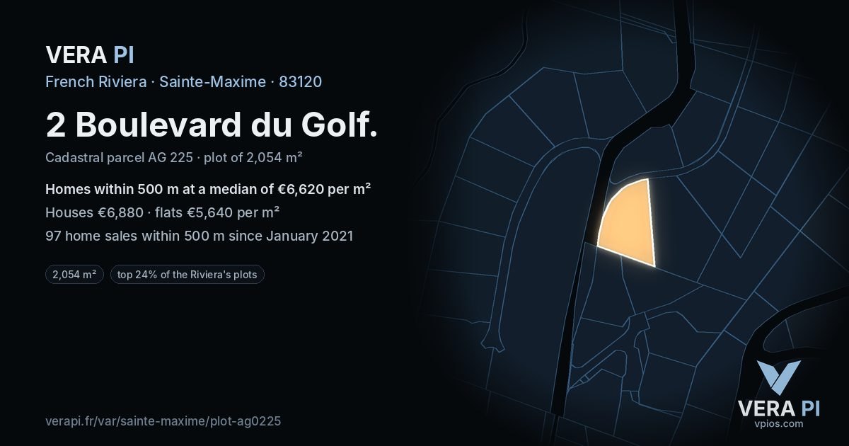 2 Boulevard du Golf, Sainte-Maxime at night – the plot lit, the parcels around coloured by the prices near them