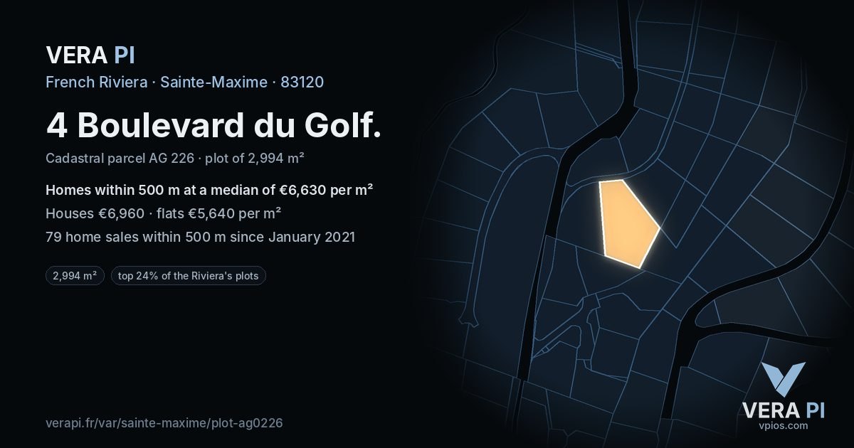 4 Boulevard du Golf, Sainte-Maxime at night – the plot lit, the parcels around coloured by the prices near them