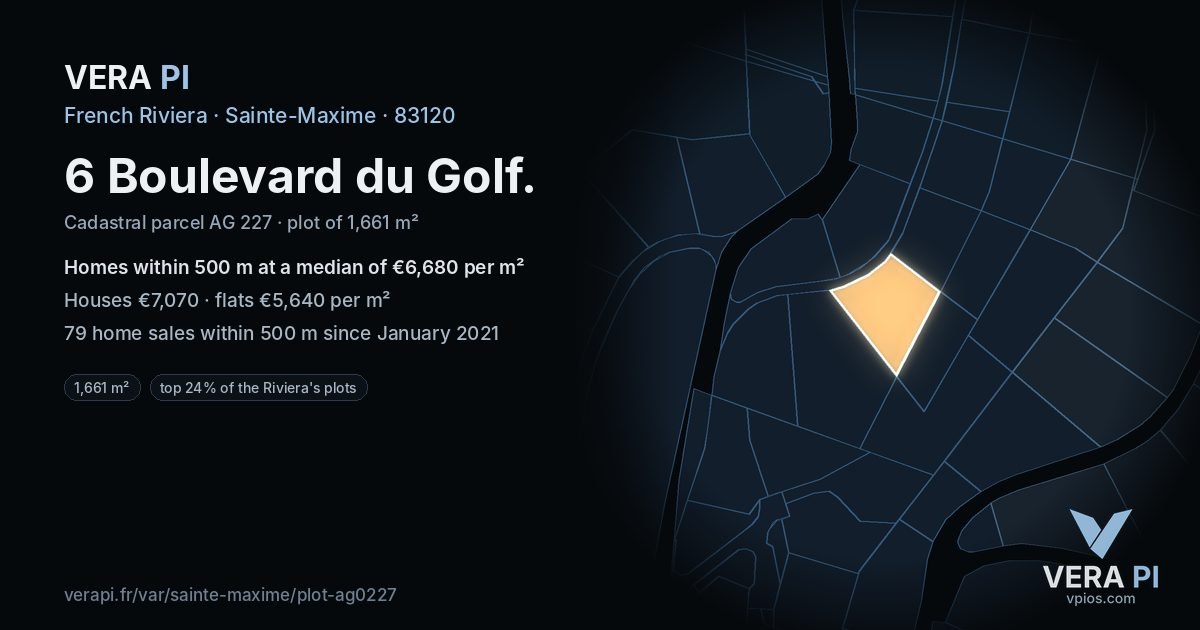 6 Boulevard du Golf, Sainte-Maxime at night – the plot lit, the parcels around coloured by the prices near them