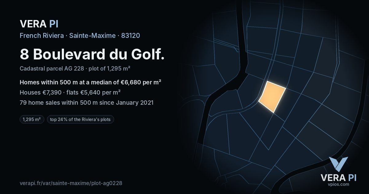 8 Boulevard du Golf, Sainte-Maxime at night – the plot lit, the parcels around coloured by the prices near them