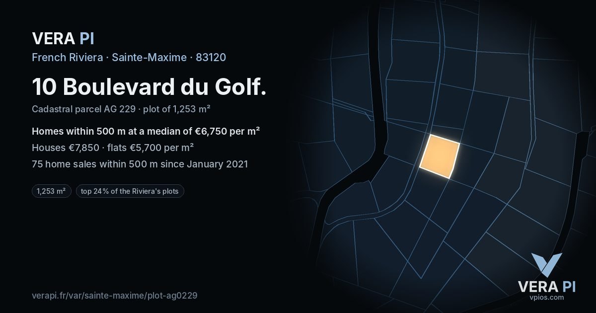 10 Boulevard du Golf, Sainte-Maxime at night – the plot lit, the parcels around coloured by the prices near them