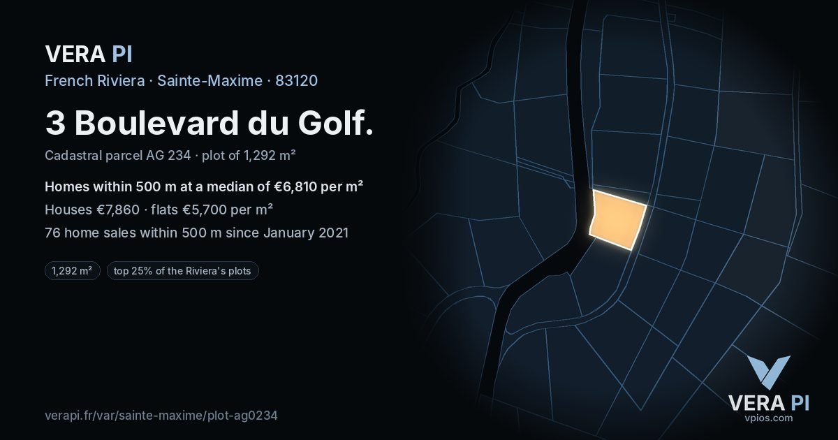 3 Boulevard du Golf, Sainte-Maxime at night – the plot lit, the parcels around coloured by the prices near them