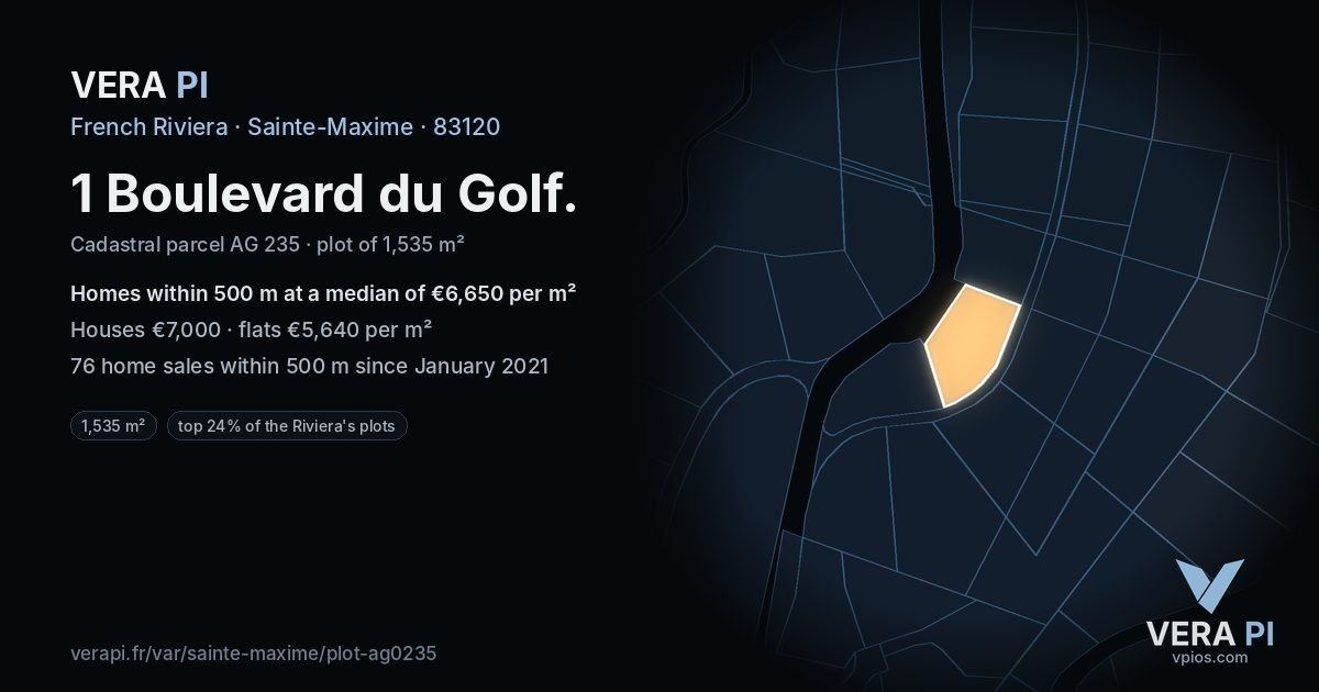 1 Boulevard du Golf, Sainte-Maxime at night – the plot lit, the parcels around coloured by the prices near them