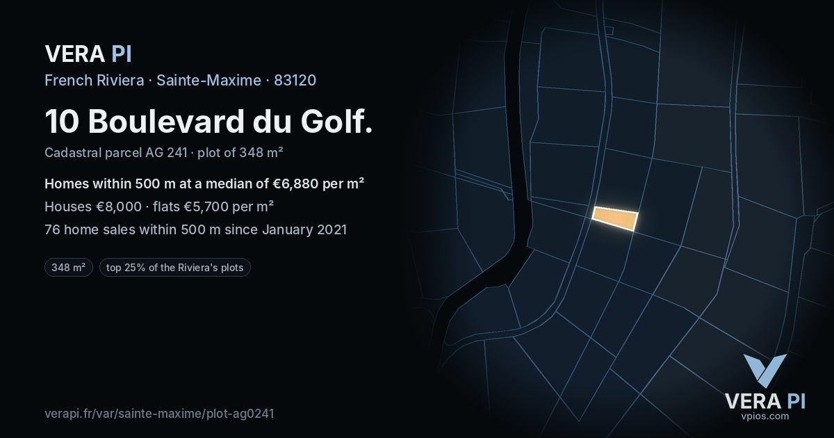 10 Boulevard du Golf, Sainte-Maxime at night – the plot lit, the parcels around coloured by the prices near them