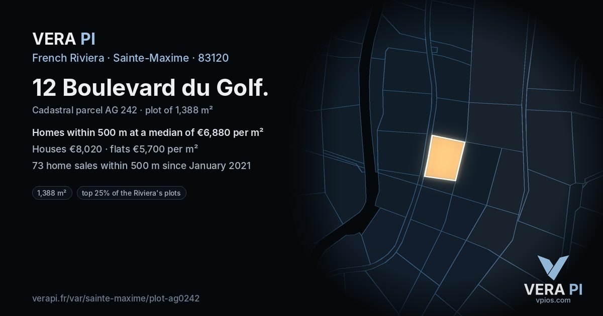 12 Boulevard du Golf, Sainte-Maxime at night – the plot lit, the parcels around coloured by the prices near them