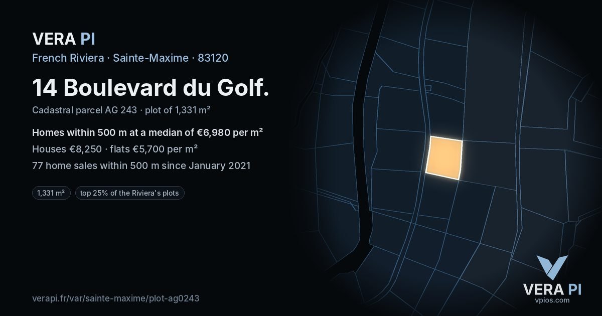 14 Boulevard du Golf, Sainte-Maxime at night – the plot lit, the parcels around coloured by the prices near them