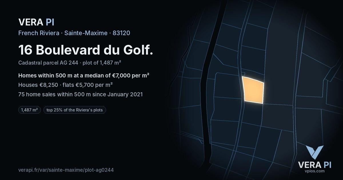 16 Boulevard du Golf, Sainte-Maxime at night – the plot lit, the parcels around coloured by the prices near them
