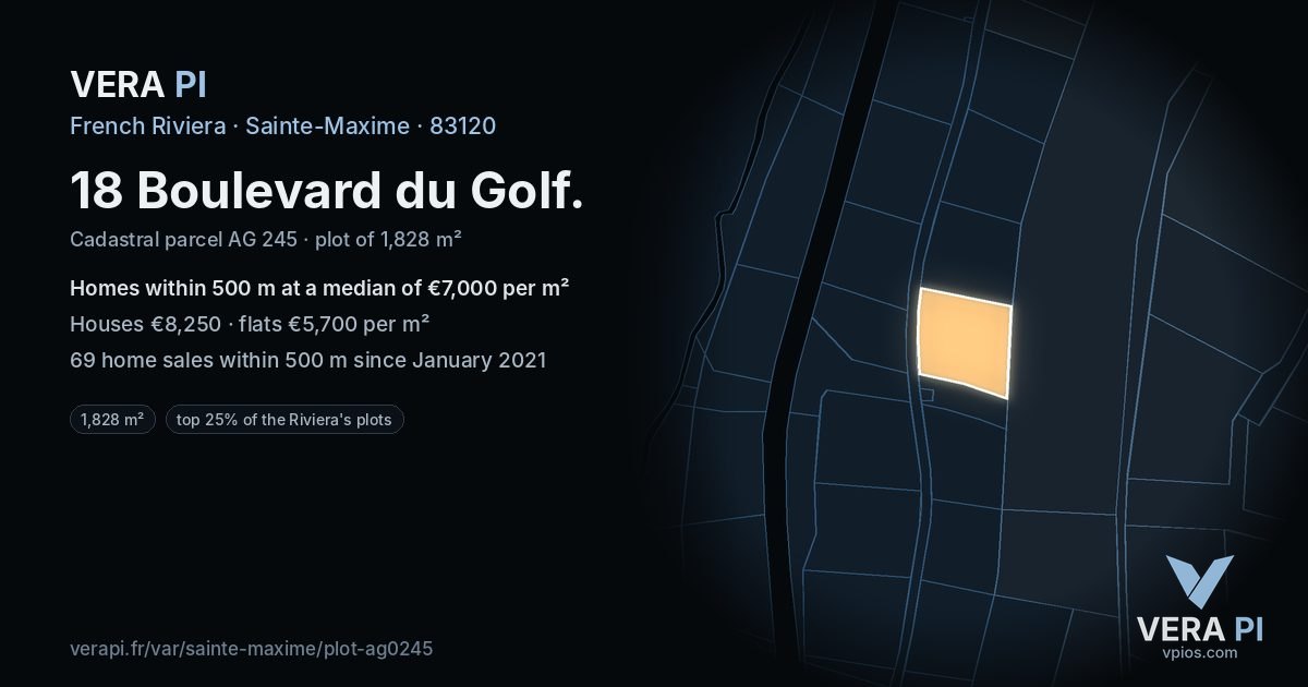 18 Boulevard du Golf, Sainte-Maxime at night – the plot lit, the parcels around coloured by the prices near them