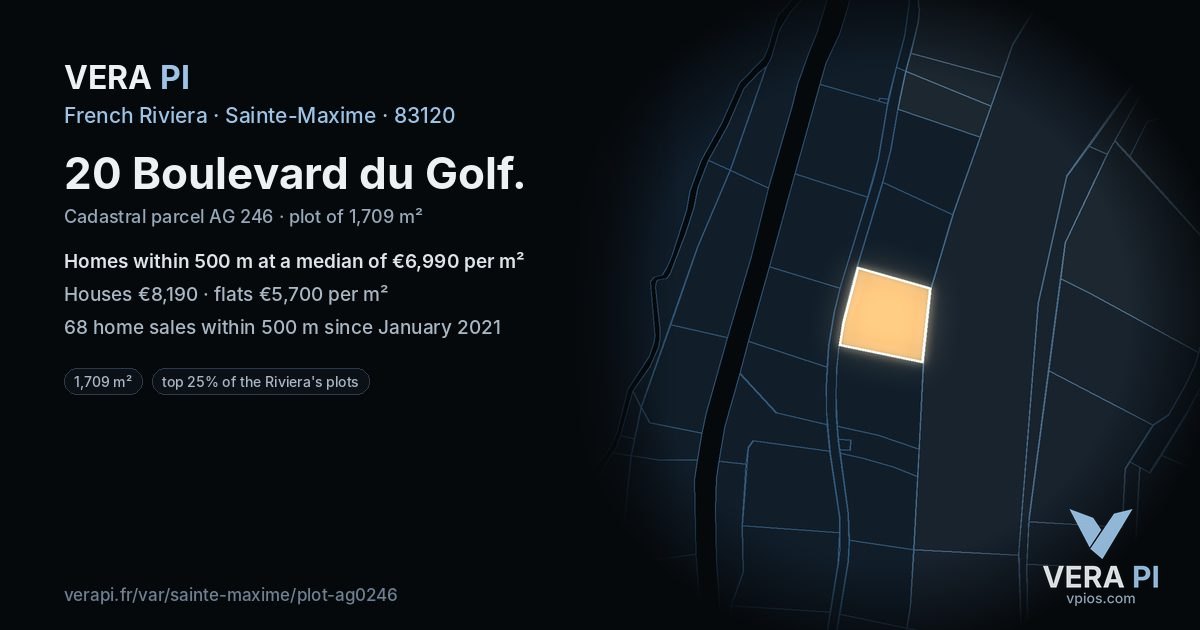 20 Boulevard du Golf, Sainte-Maxime at night – the plot lit, the parcels around coloured by the prices near them
