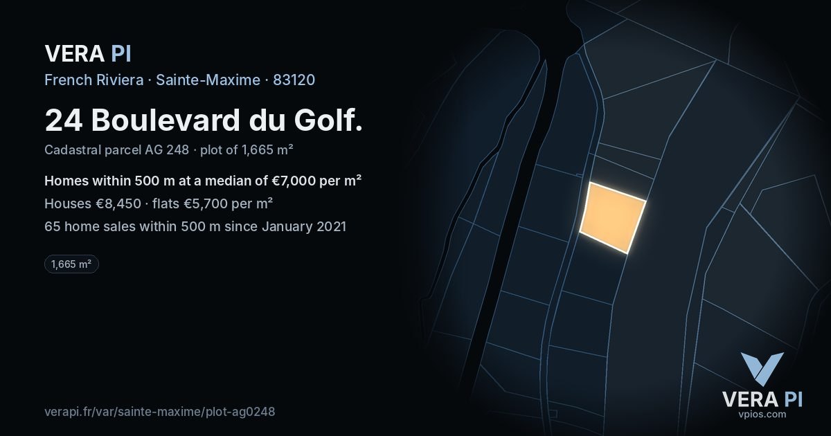 24 Boulevard du Golf, Sainte-Maxime at night – the plot lit, the parcels around coloured by the prices near them