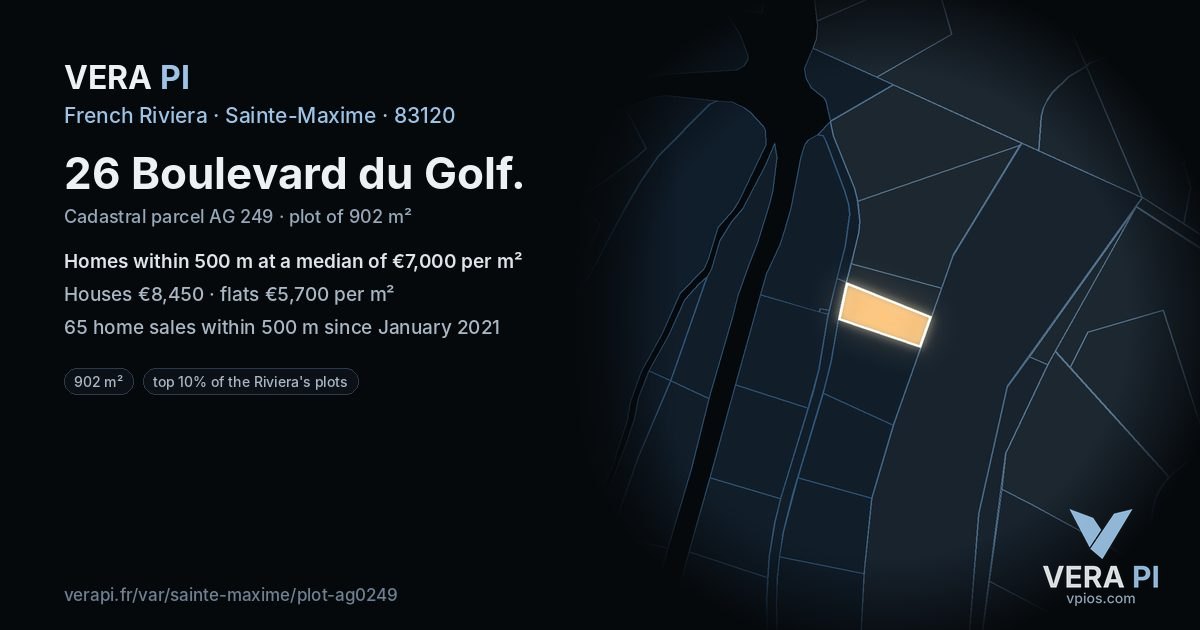 26 Boulevard du Golf, Sainte-Maxime at night – the plot lit, the parcels around coloured by the prices near them