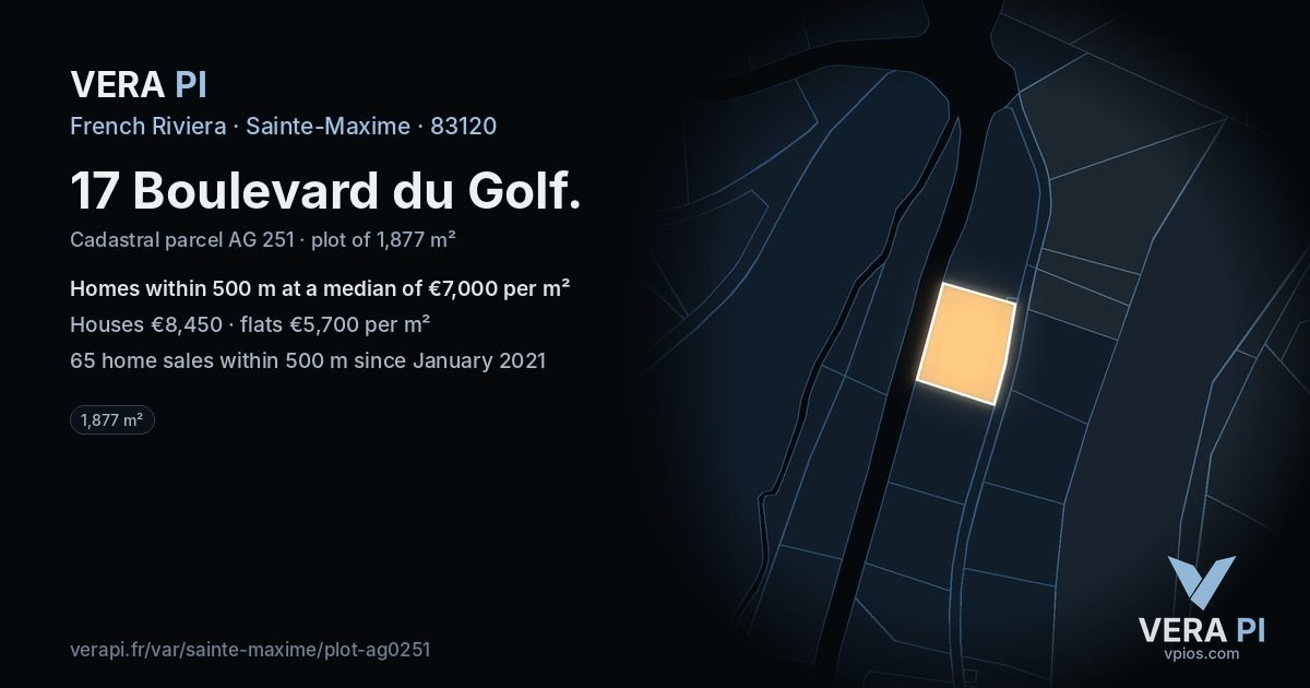 17 Boulevard du Golf, Sainte-Maxime at night – the plot lit, the parcels around coloured by the prices near them
