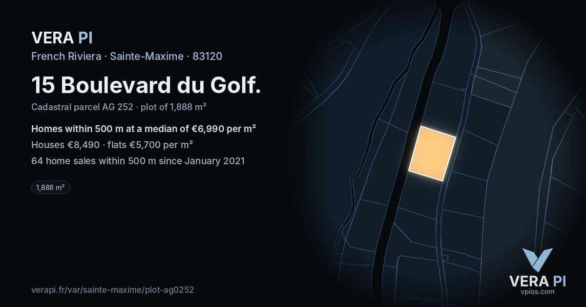 15 Boulevard du Golf, Sainte-Maxime at night – the plot lit, the parcels around coloured by the prices near them