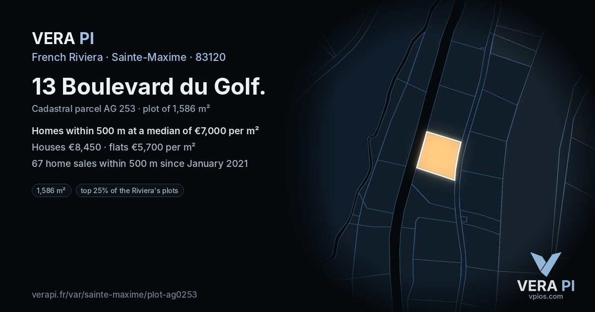13 Boulevard du Golf, Sainte-Maxime at night – the plot lit, the parcels around coloured by the prices near them