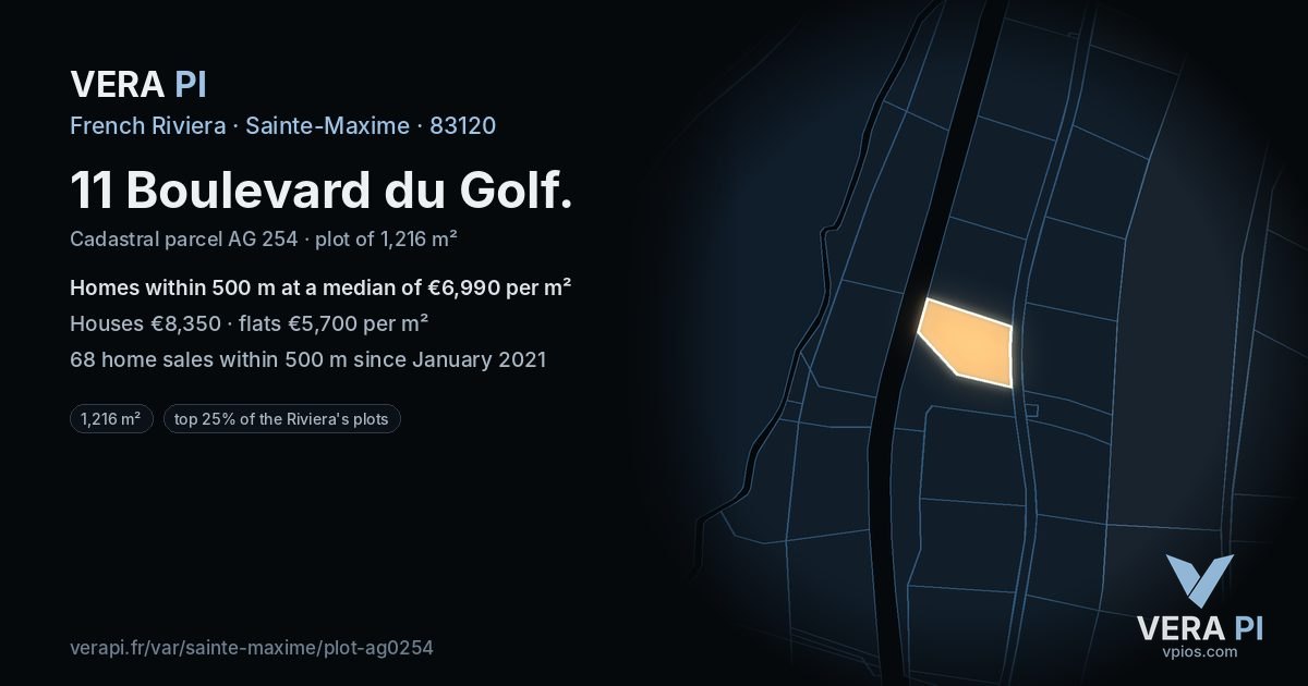 11 Boulevard du Golf, Sainte-Maxime at night – the plot lit, the parcels around coloured by the prices near them
