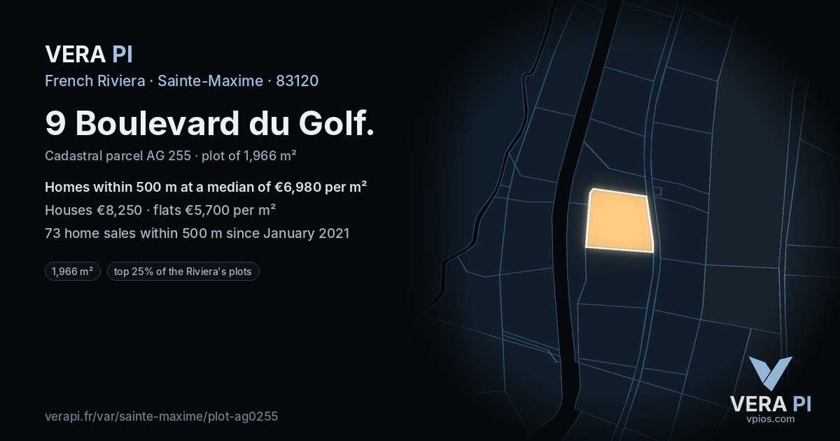 9 Boulevard du Golf, Sainte-Maxime at night – the plot lit, the parcels around coloured by the prices near them