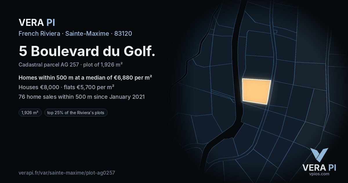 5 Boulevard du Golf, Sainte-Maxime at night – the plot lit, the parcels around coloured by the prices near them