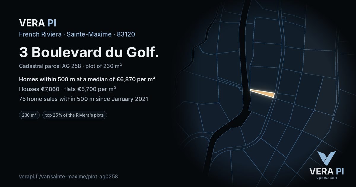3 Boulevard du Golf, Sainte-Maxime at night – the plot lit, the parcels around coloured by the prices near them