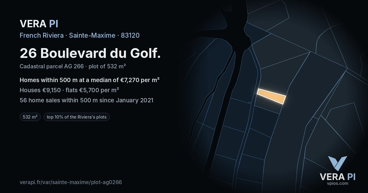 26 Boulevard du Golf, Sainte-Maxime at night – the plot lit, the parcels around coloured by the prices near them