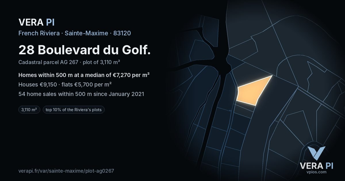 28 Boulevard du Golf, Sainte-Maxime at night – the plot lit, the parcels around coloured by the prices near them